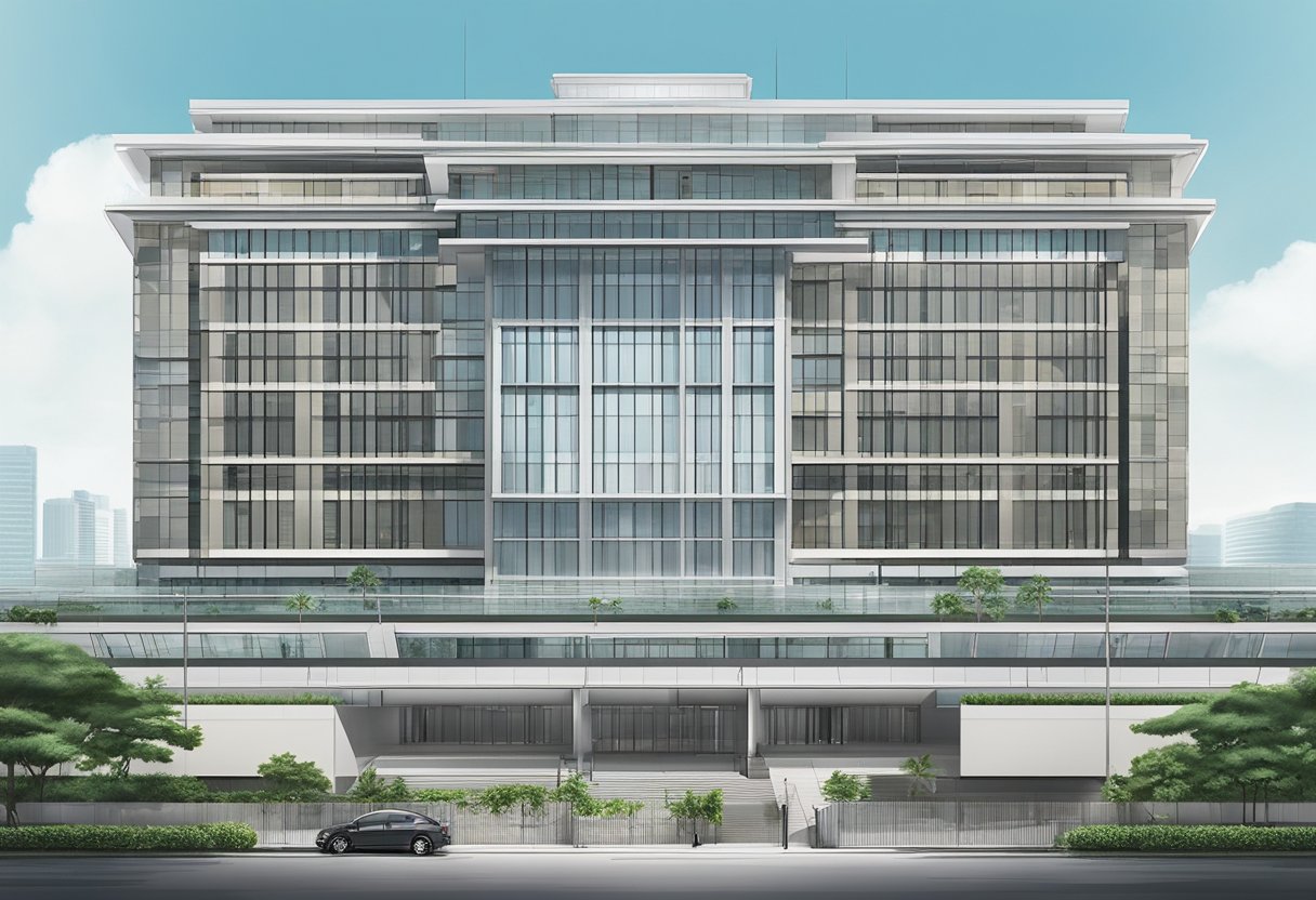 The Singapore Prison Service HQ stands tall, with a clear hierarchical structure evident in its design. The building exudes authority and leadership, with distinct levels and departments visible from the exterior