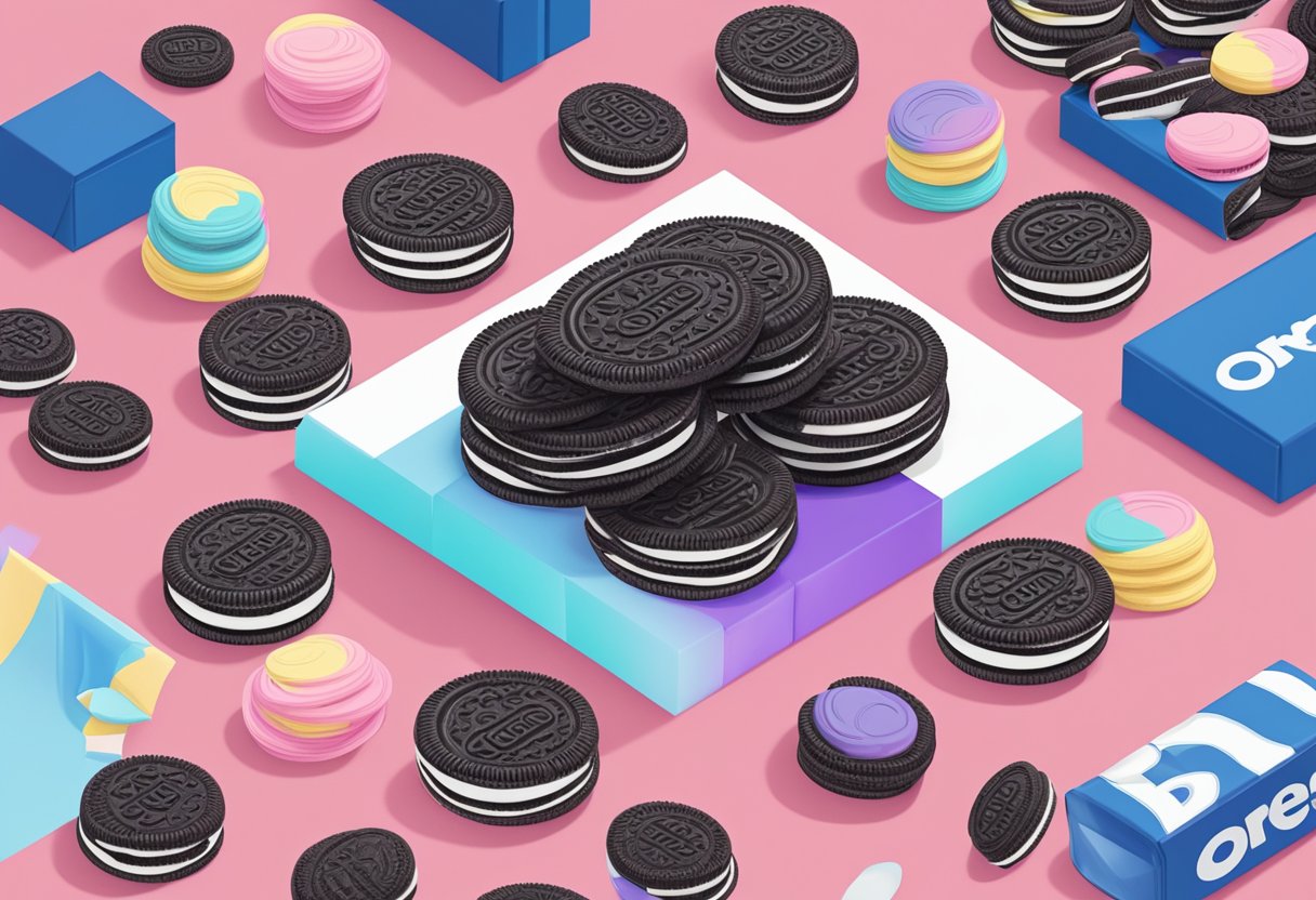 A stack of Oreo cookies with Blackpink branding, surrounded by a crowd of people in Singapore, with a sign reading "Frequently Asked Questions."