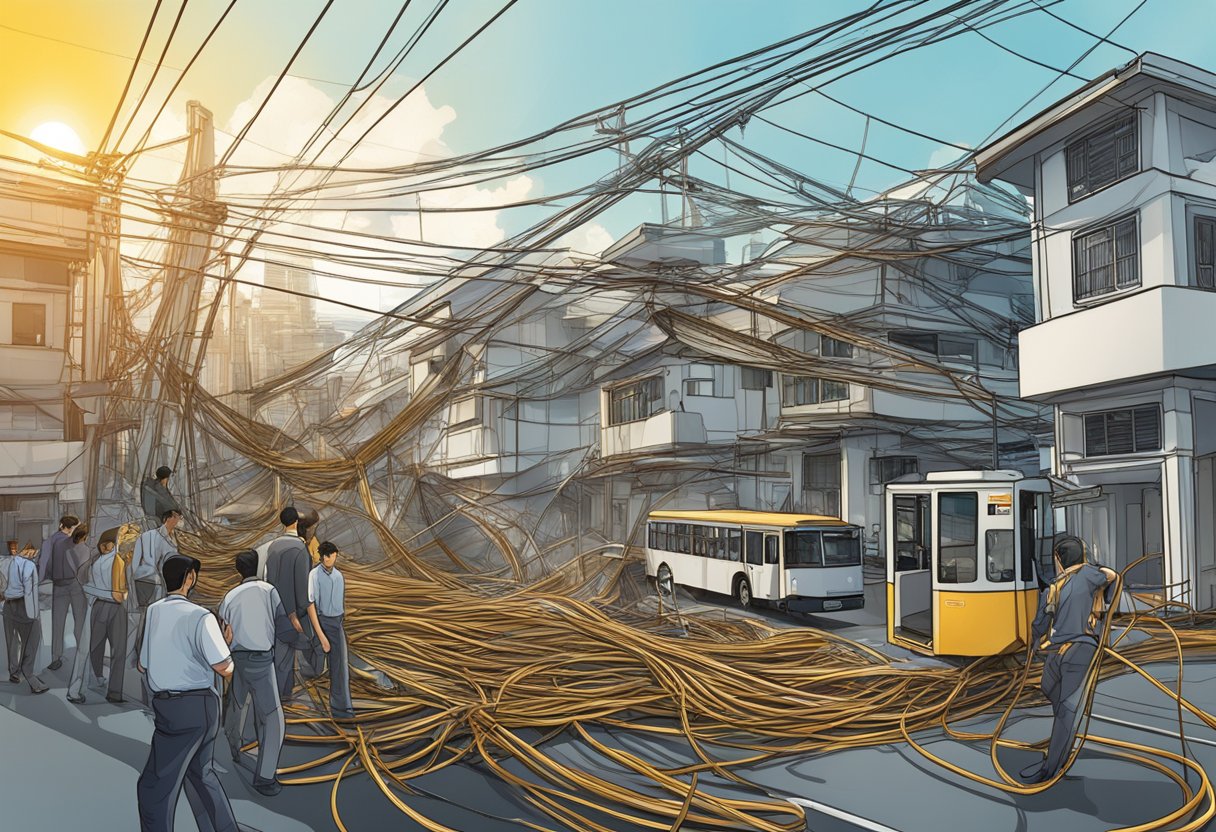 The Singapore sun cable collapses, causing a tangled mess of wires and metal structures in a chaotic scene