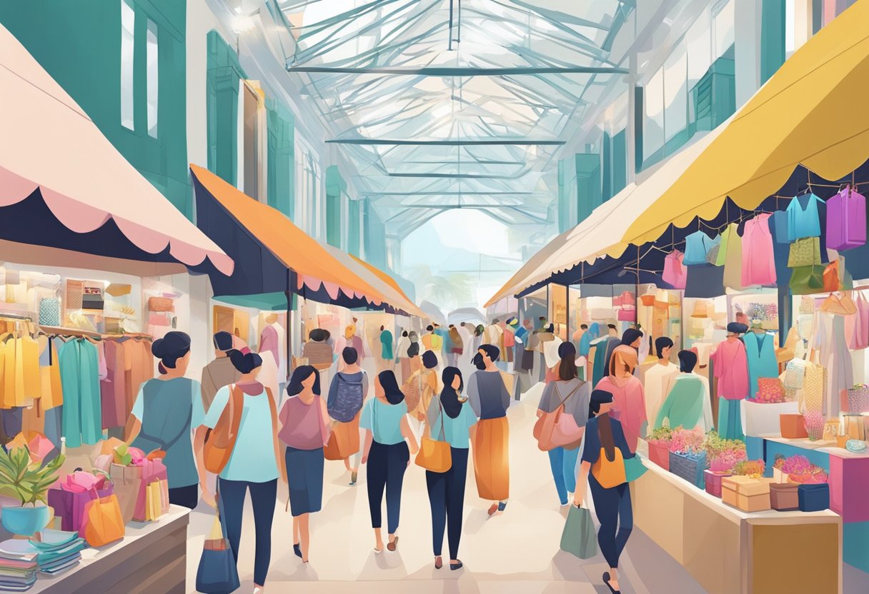 A bustling boutique fair in Singapore, with colorful displays and vibrant stalls showcasing unique and trendy fashion items
