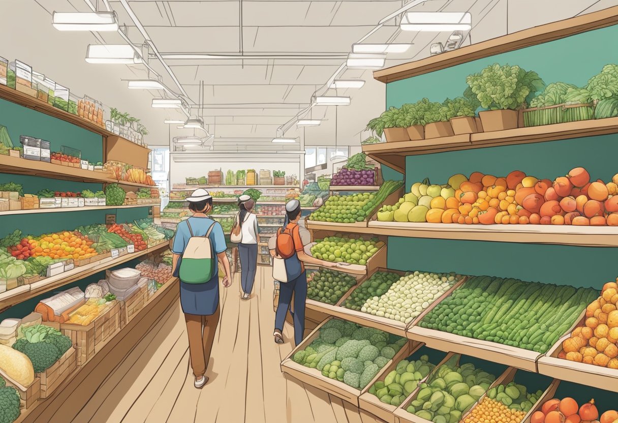 A bustling market with colorful produce and a variety of organic products displayed on shelves at Scoop Wholefoods Singapore