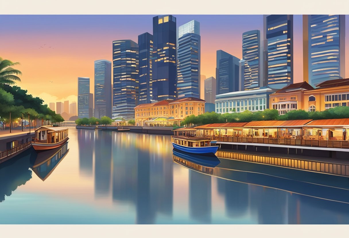 The sun sets over Robertson Quay, casting a warm glow on the riverside promenade and the colorful buildings lining the water's edge. Boats gently glide along the Singapore River, creating ripples in the tranquil evening scene