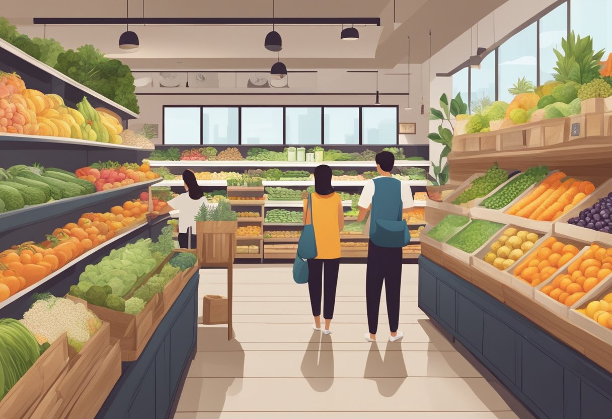 Customers browsing colorful organic produce at Scoop Wholefoods in Singapore. Shelves lined with bulk goods and eco-friendly products