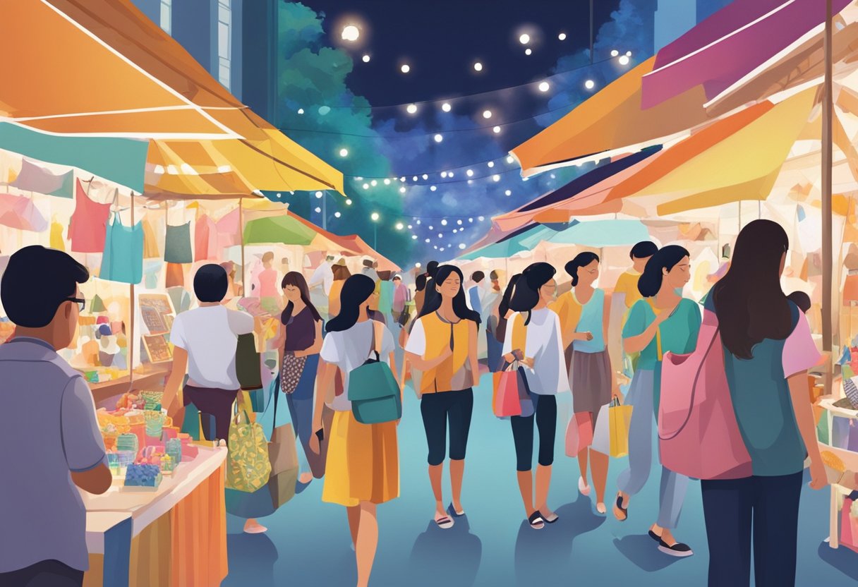 Shoppers browse colorful stalls at Boutique Fair Singapore, admiring unique fashion, art, and home decor. Bright lights and lively chatter fill the air