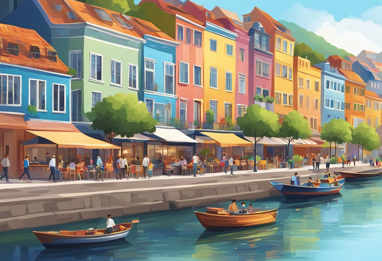 People strolling along the riverside, passing by colorful buildings and trendy restaurants, with boats cruising on the water