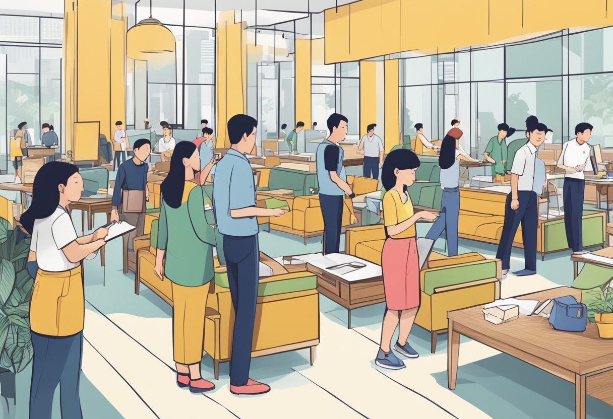 A bustling furniture sale in Singapore, with customers browsing through various pieces, and salespeople assisting with inquiries