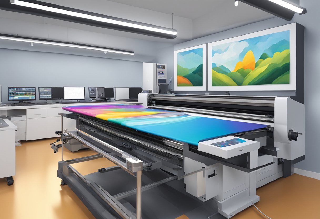 A canvas printing machine in a modern Singapore studio, with vibrant colors and high-tech equipment