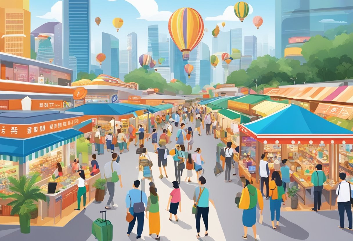 A bustling fair in Singapore's Visitor Information boutique, with colorful displays and eager attendees seeking travel information