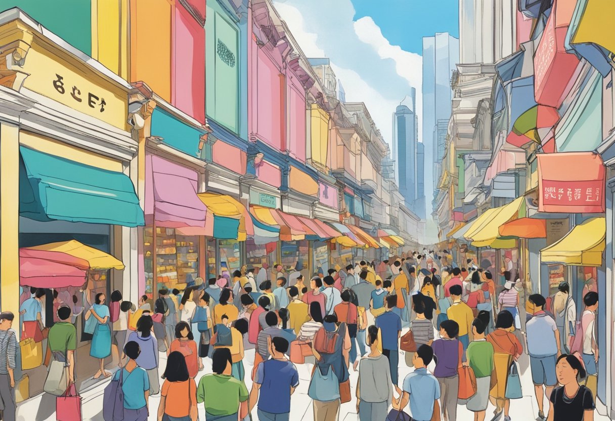 Crowds flood the streets, clutching bags and peering into shop windows. Brightly colored banners hang overhead, announcing the "Great Singapore Sale." Stores are filled with eager shoppers searching for the best deals