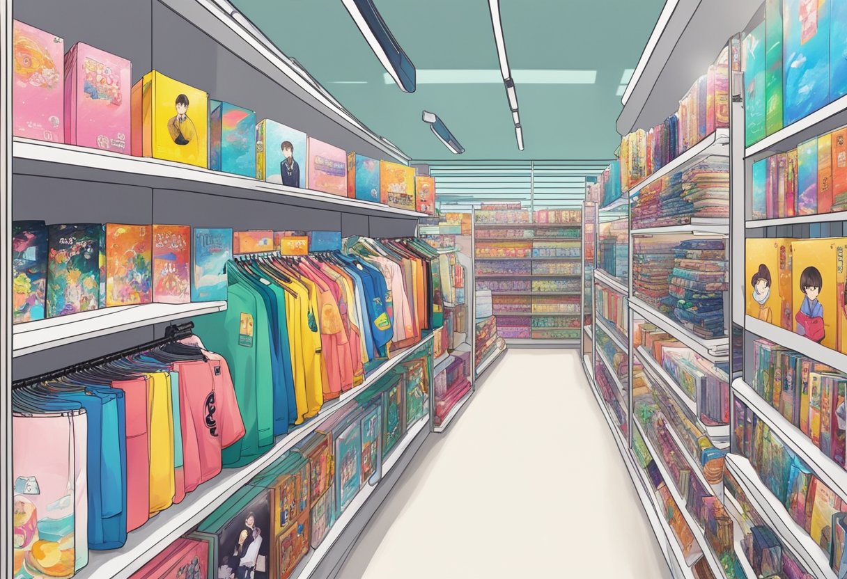Colorful K-Pop merchandise lines the shelves of a vibrant Singaporean shop, with posters and albums on display