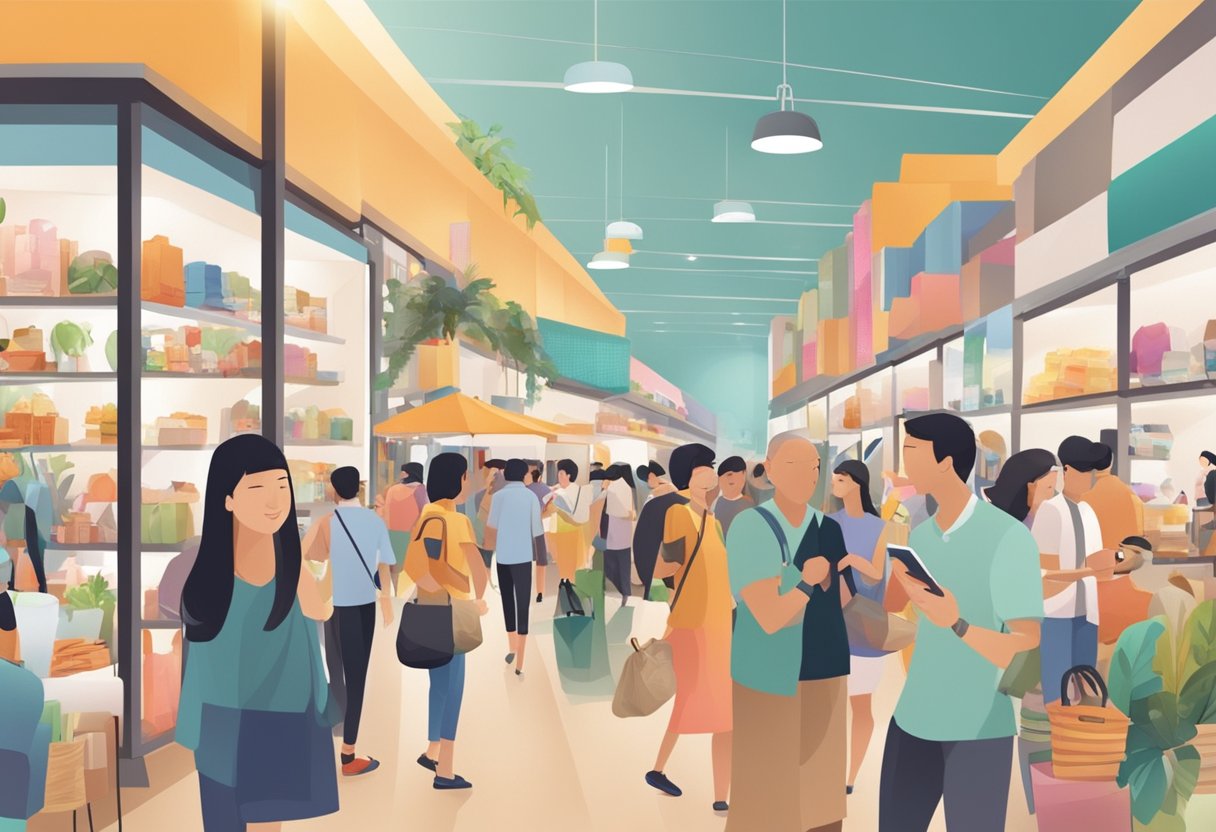 A bustling boutique fair in Singapore, with vendors and customers engaged in lively conversations and browsing through various products on display