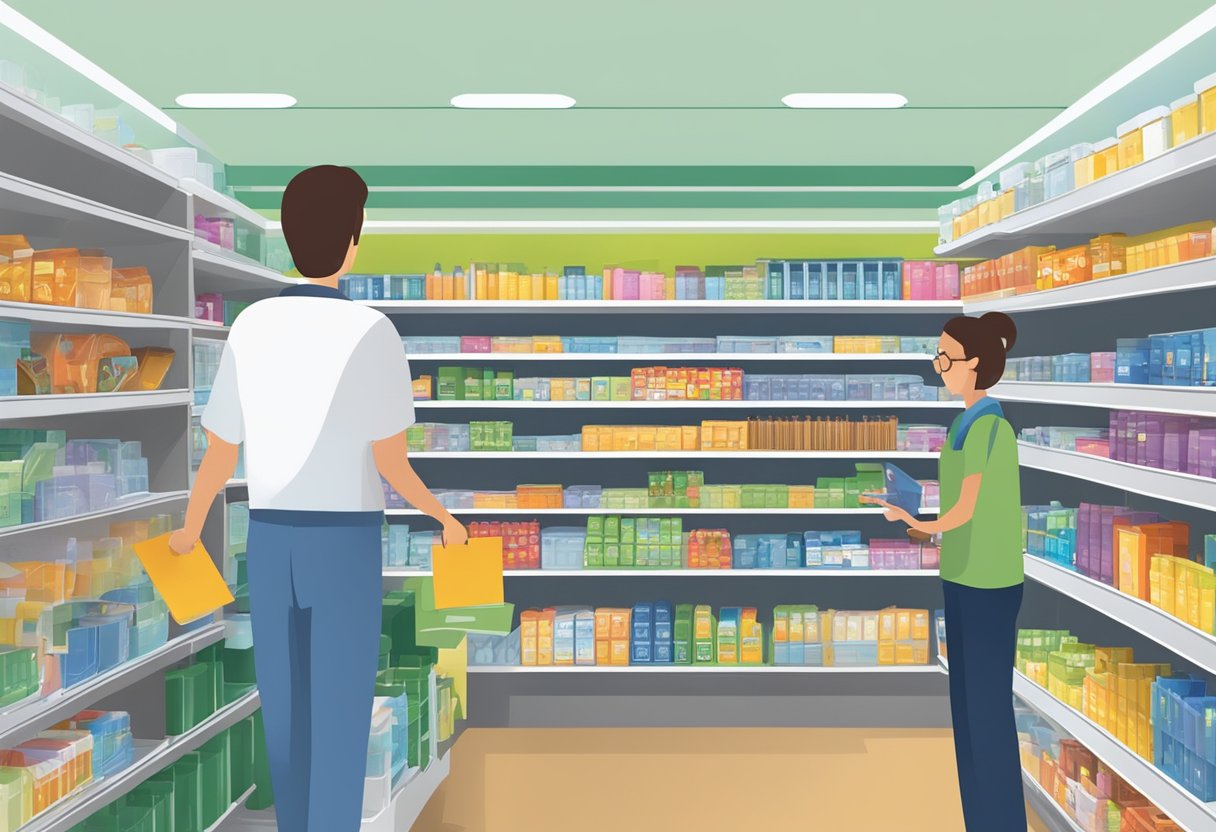 Customers browsing shelves, staff assisting, signage visible