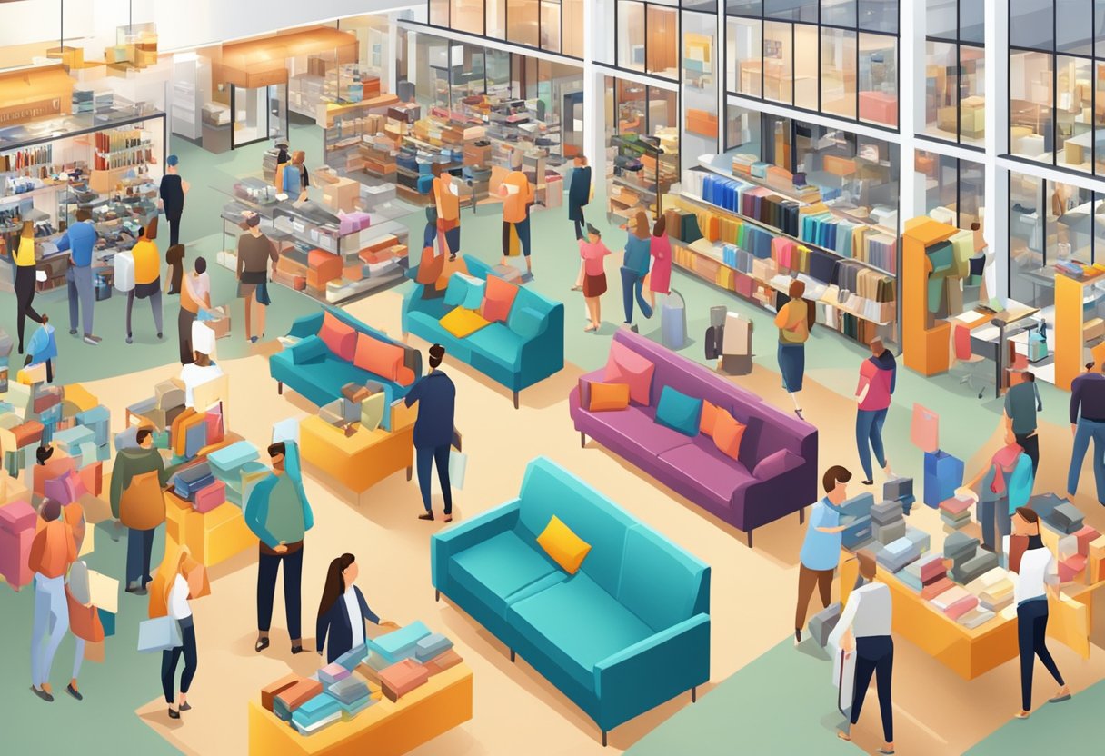A crowded furniture showroom with bright signage, bustling shoppers, and discounted price tags on various pieces