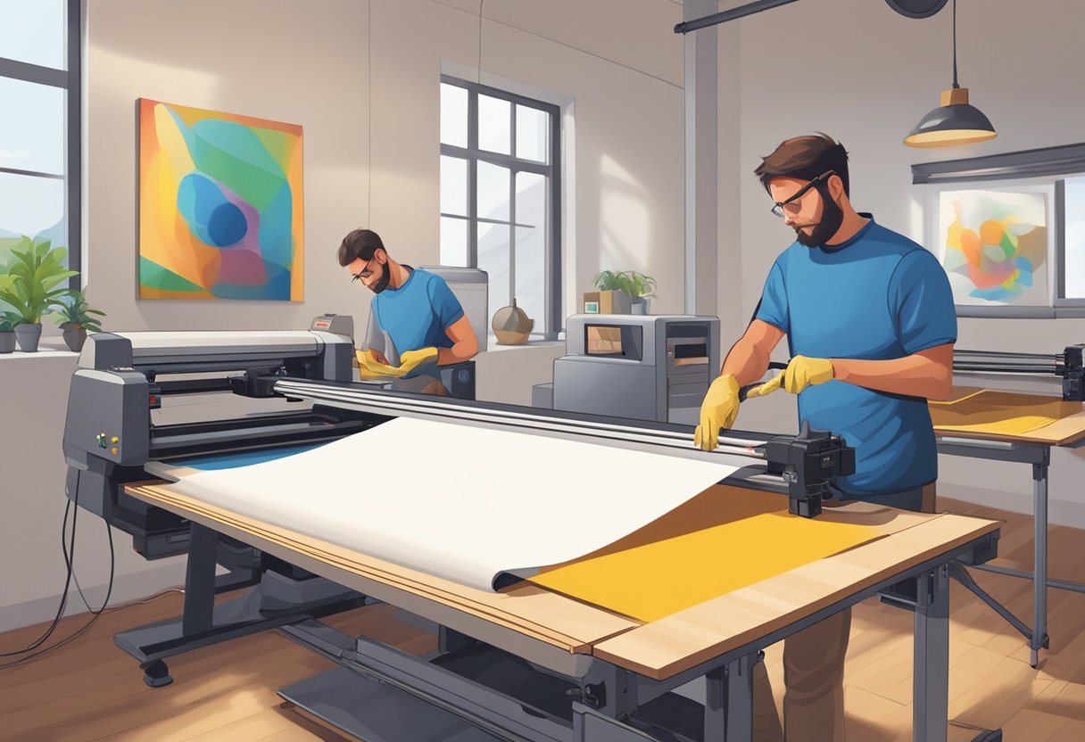 A canvas print being produced by a high-quality printer in a well-lit studio. The printer is applying ink to the canvas, creating a vibrant and detailed image
