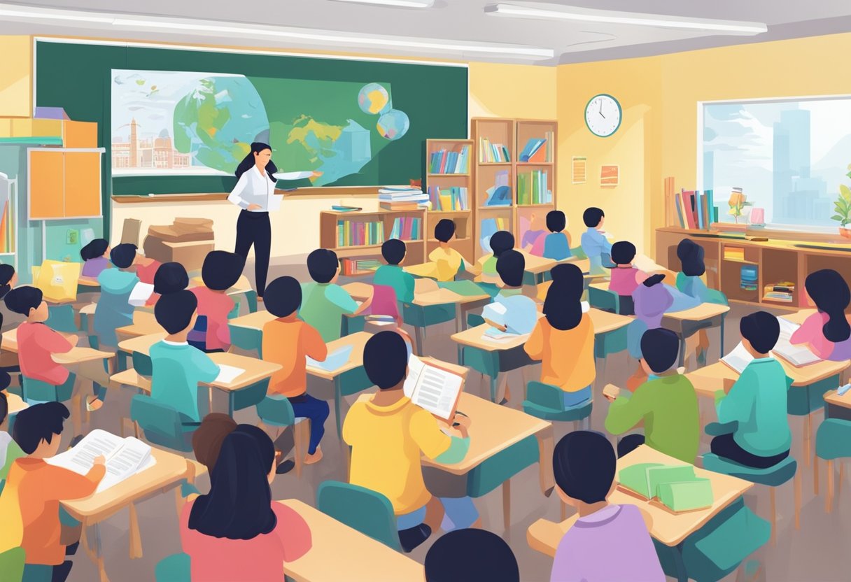 A classroom filled with engaged students, colorful educational materials, and a teacher leading a discussion on Singapore's gifted education program