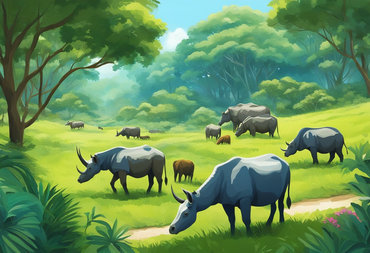 A herd of herbivores grazes peacefully in the lush green landscape of Singapore, surrounded by vibrant flora and clear blue skies