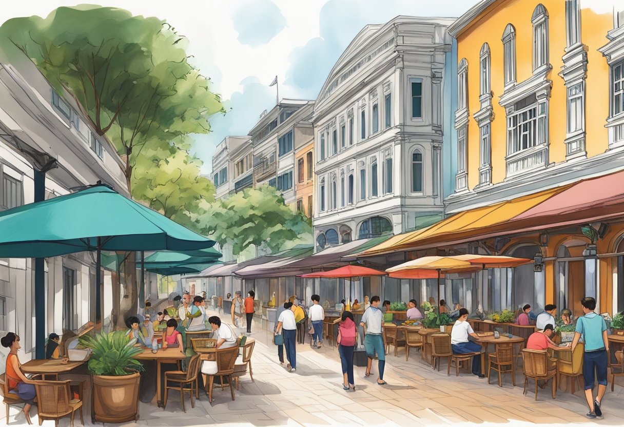 The bustling Robertson Quay in Singapore showcases colonial architecture, vibrant riverfront cafes, and a mix of modern and traditional influences