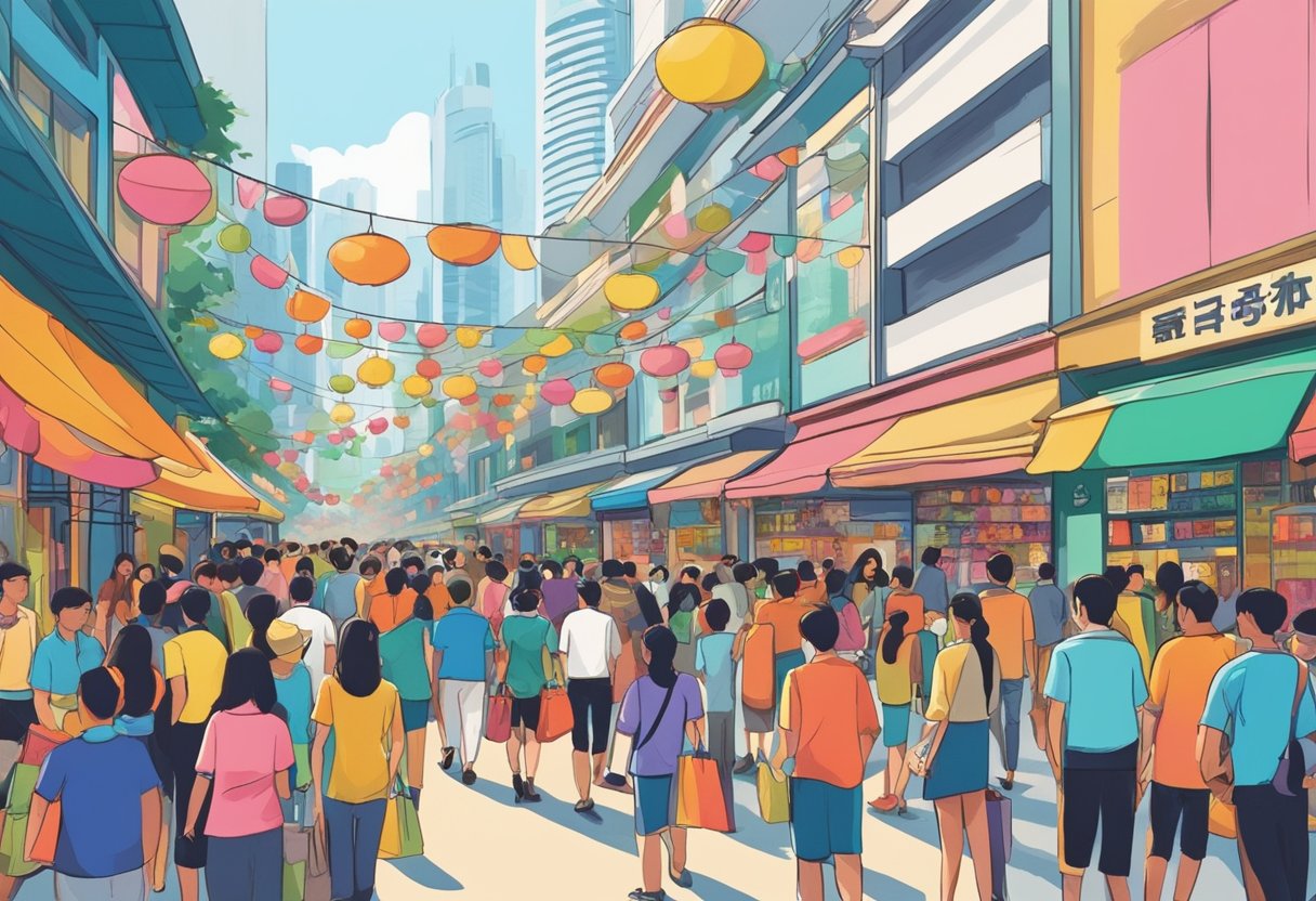 Crowds of shoppers fill the bustling streets, browsing through colorful displays of discounted merchandise. Brightly lit storefronts and vibrant banners adorn the scene, creating a lively atmosphere for the Great Singapore Sale
