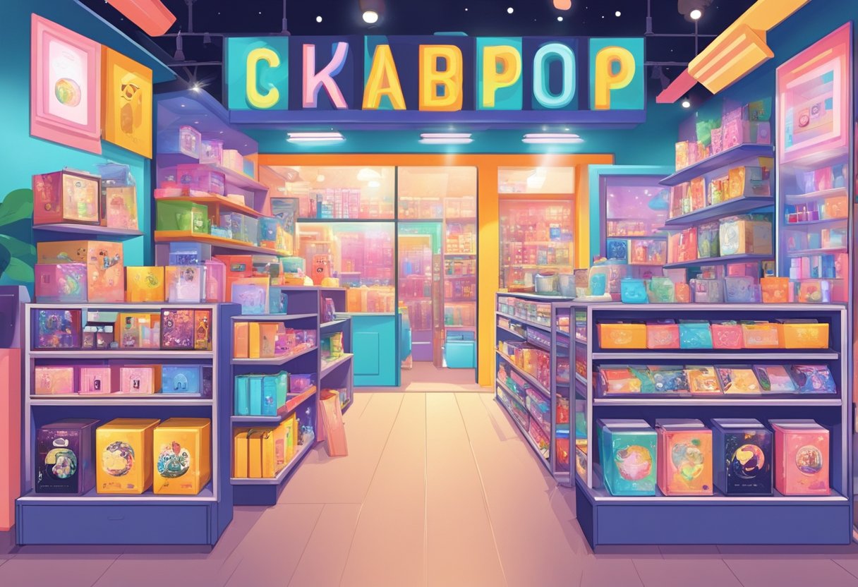 A colorful K-Pop shop in Singapore with vibrant posters, albums, and merchandise displayed on shelves. Bright lights and energetic music create a lively atmosphere