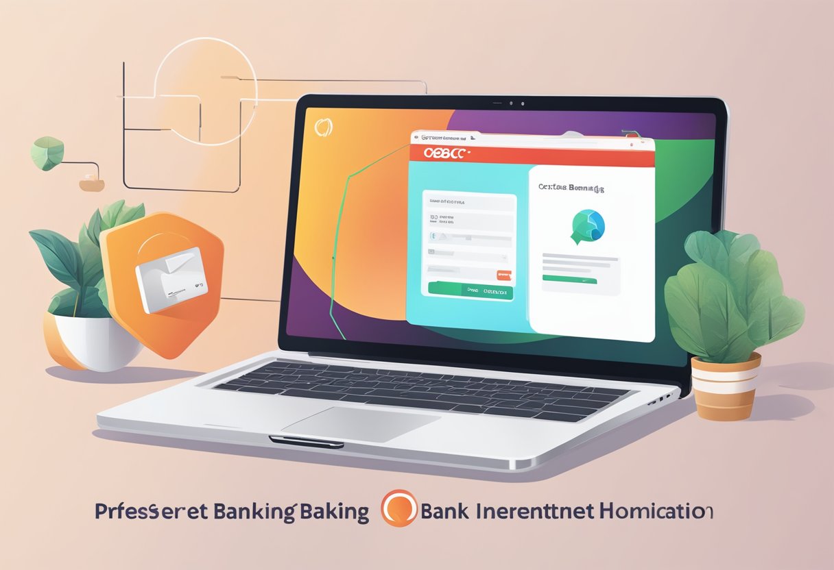 A laptop displaying the OCBC internet banking homepage, with a mobile phone nearby for two-factor authentication