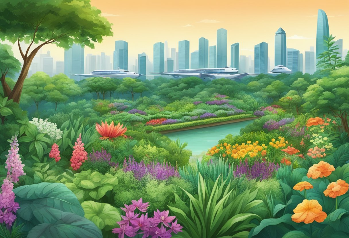 A lush garden of vibrant green herbs and vegetables, with a variety of exotic plants and flowers, set against the backdrop of the bustling city of Singapore