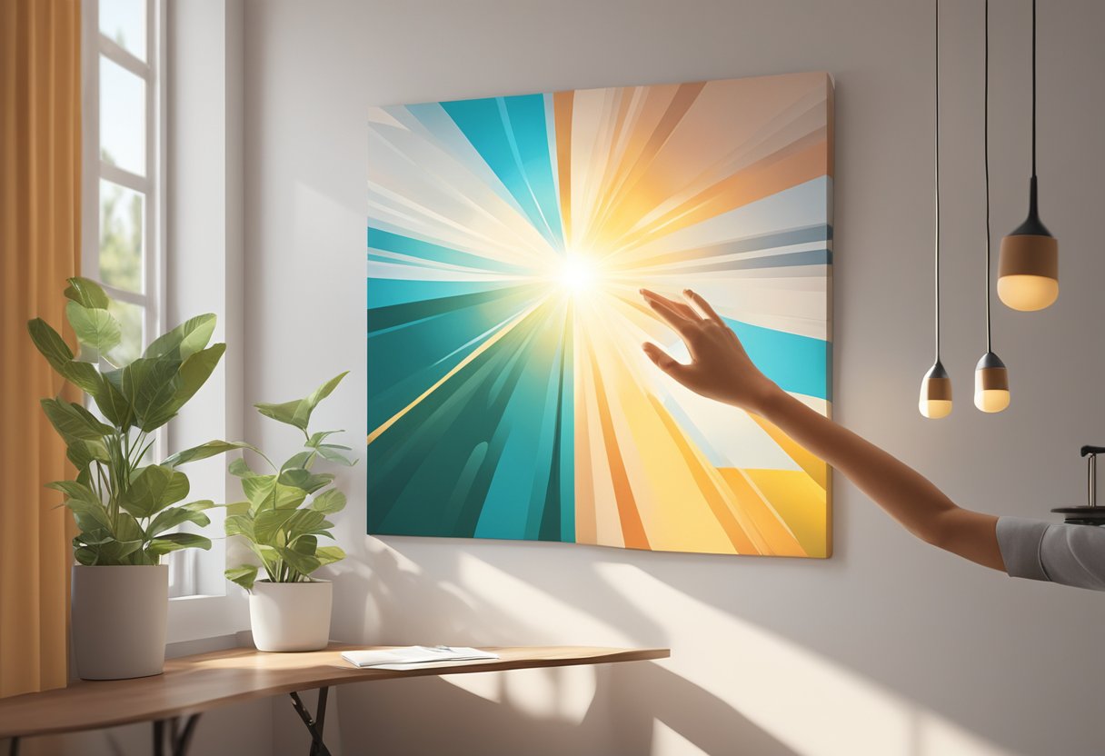 A hand reaching out to touch a vibrant canvas print hanging on a wall, with sunlight streaming in through a nearby window