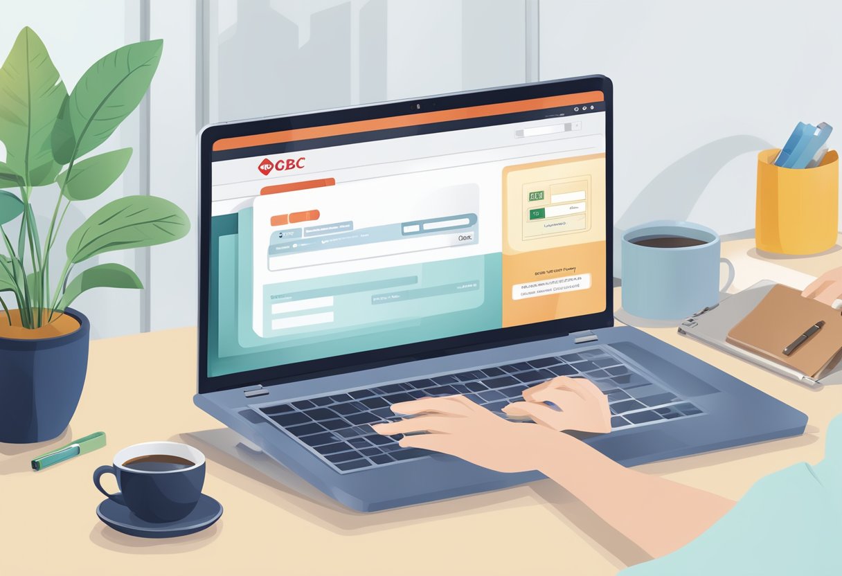 A laptop displaying the OCBC online banking homepage with a secure login prompt and various banking options