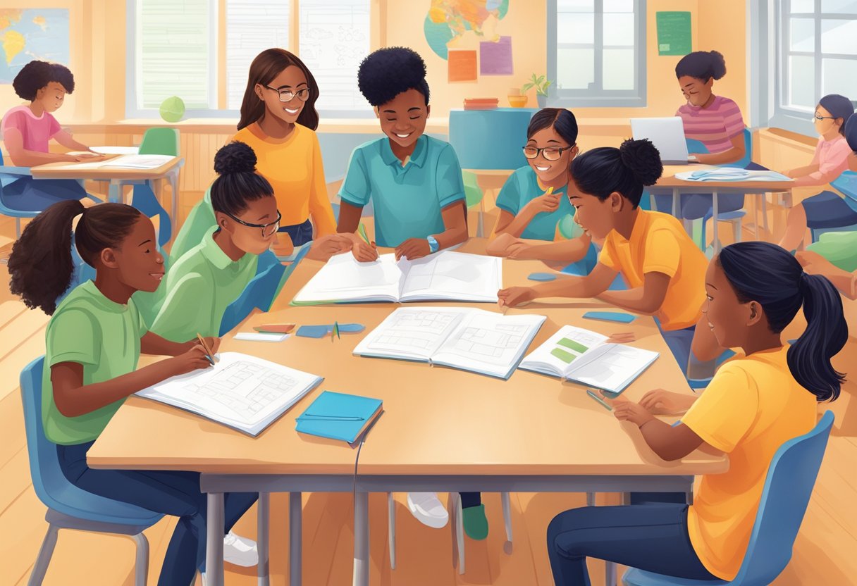 A group of students engage in collaborative learning activities, supported by dedicated educators, in a vibrant and inclusive classroom environment