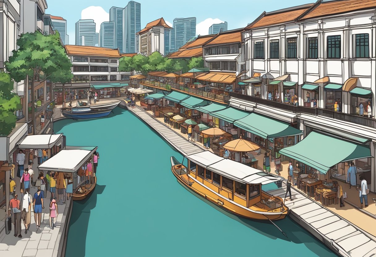 A bustling street lined with shops and restaurants at Robertson Quay, Singapore. Waterfront view with boats and people walking