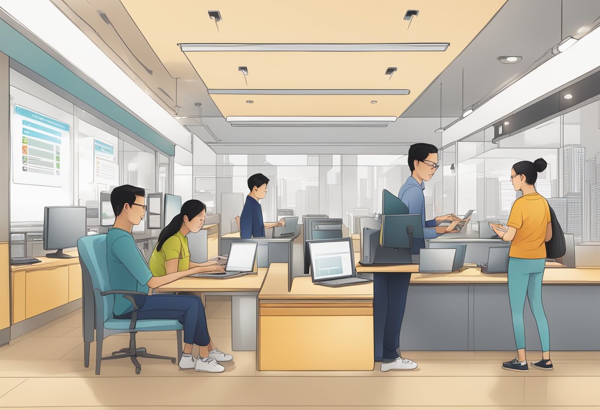 Customers accessing OCBC internet banking on their devices, with the FAQ section displayed on the screen