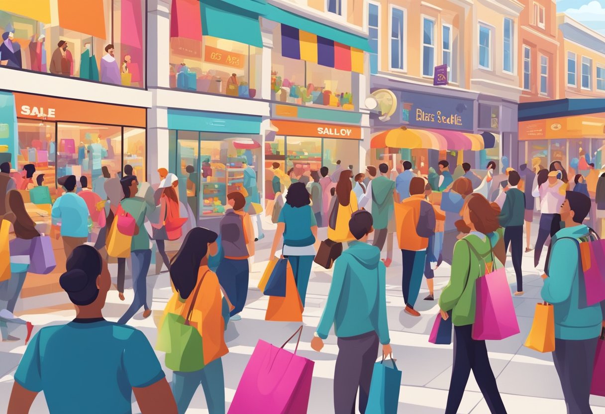 Crowds flock to stores, clutching bags filled with discounted goods. Bright sale signs and colorful displays adorn shop windows. Excitement fills the air