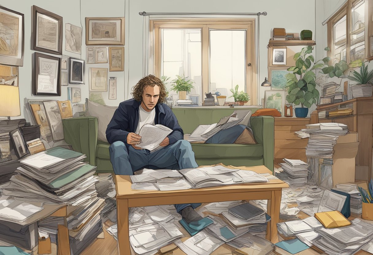 Heath Ledger's personal life and relationships: a cluttered apartment with scattered photos and letters, a worn journal on the table
