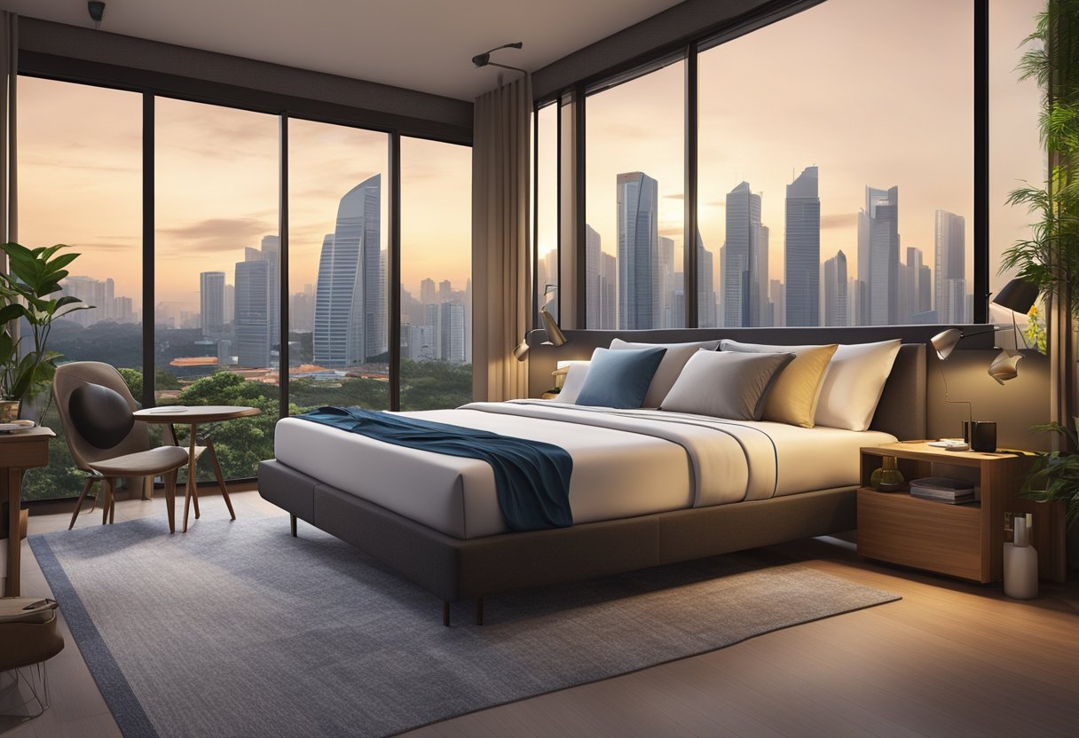 A cozy loft hotel room in Bedok, Singapore, with modern furnishings and a view of the city skyline