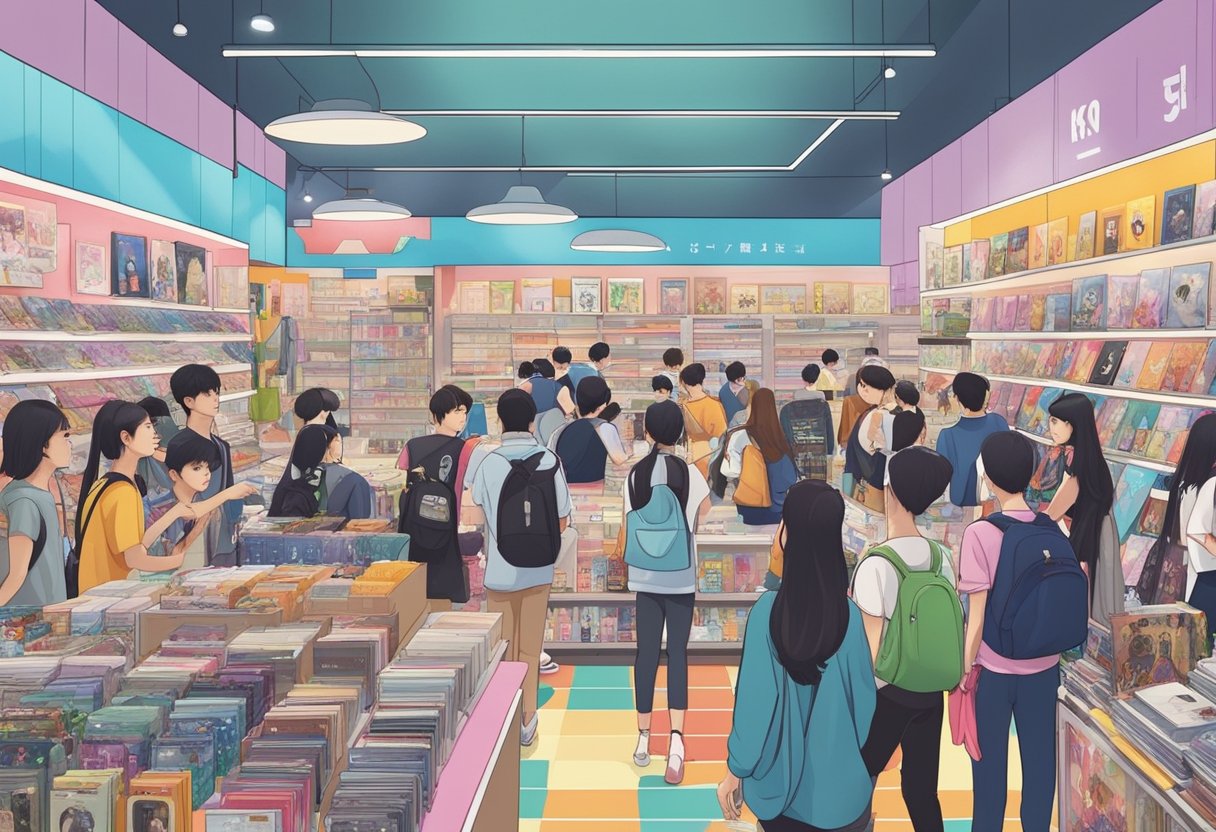 A crowded K-pop shop in Singapore with shelves of merchandise, colorful posters, and excited fans browsing through albums and collectibles