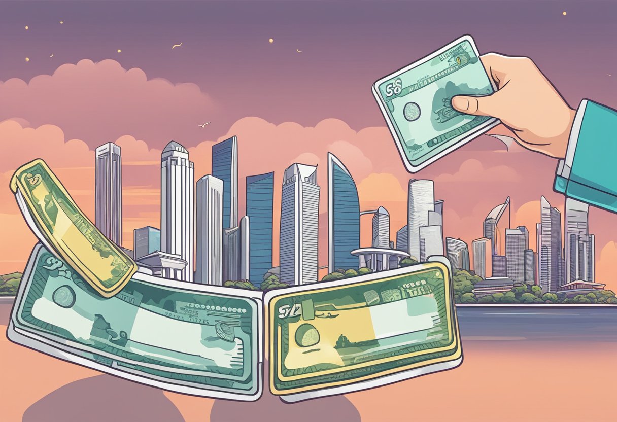 A hand holding a cash card against a backdrop of iconic Singapore landmarks