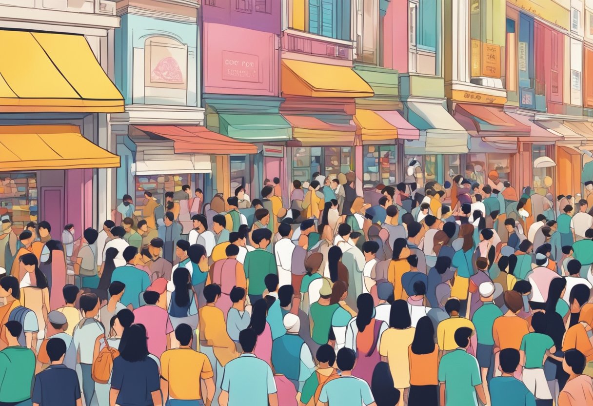 Crowds flocking to vibrant storefronts at the Great Singapore Sale, browsing and purchasing items with excitement and enthusiasm