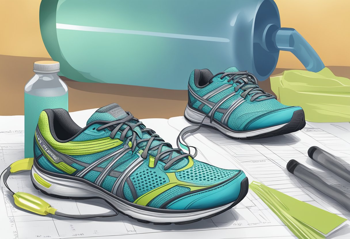 A pair of brand new running shoes, with cushioned soles and supportive arches, sitting next to a water bottle and a beginner's training plan