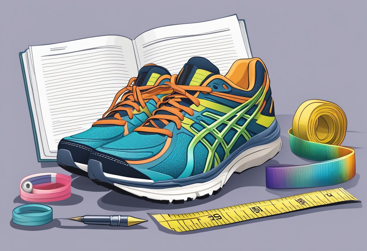 A pair of colorful running shoes placed next to a beginner's guide book, with a measuring tape and a list of features to consider