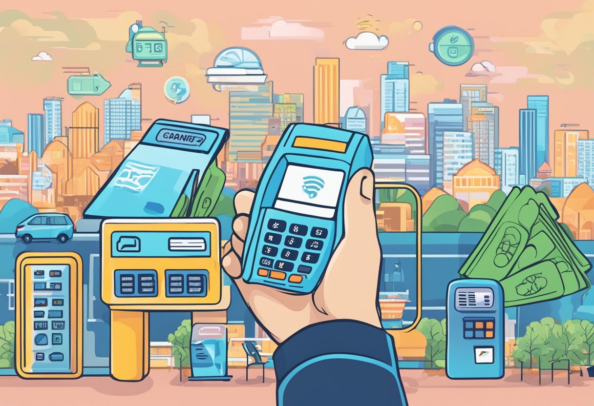 A hand holding a cash card, with a background of various payment terminals and transportation systems in Singapore