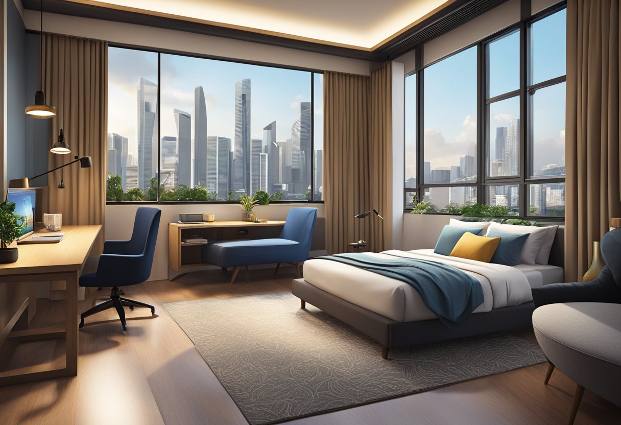 A cozy loft hotel room in Bedok, Singapore, with modern furnishings and a view of the city skyline