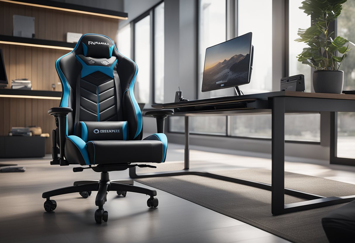 A gaming chair with adjustable lumbar support and padded armrests, positioned in front of a computer desk with a monitor and keyboard