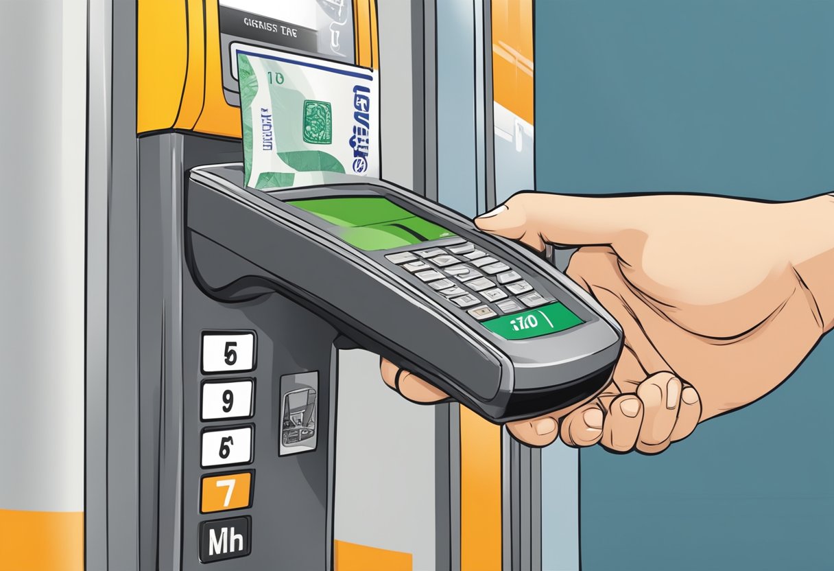A person swiping a cash card at a transportation gate, with a parking meter in the background