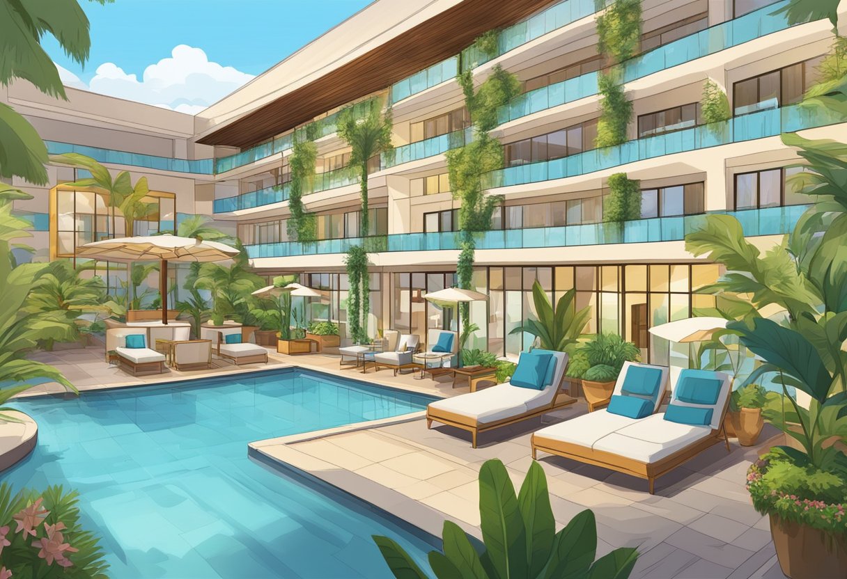 The hotel lobby features modern decor and comfortable seating. Outside, there are lush gardens and a swimming pool. Nearby attractions include shopping malls and a vibrant food scene