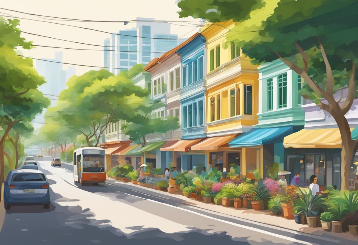 Serangoon Garden Way, Singapore: Lush greenery lines the peaceful suburban street, with colorful shophouses and bustling cafes creating a vibrant atmosphere