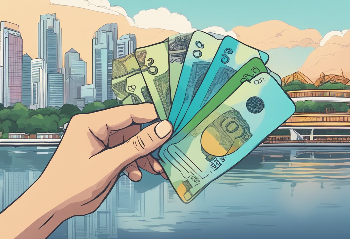A hand reaching for a cash card with "Frequently Asked Questions" printed on it, against a backdrop of iconic Singapore landmarks