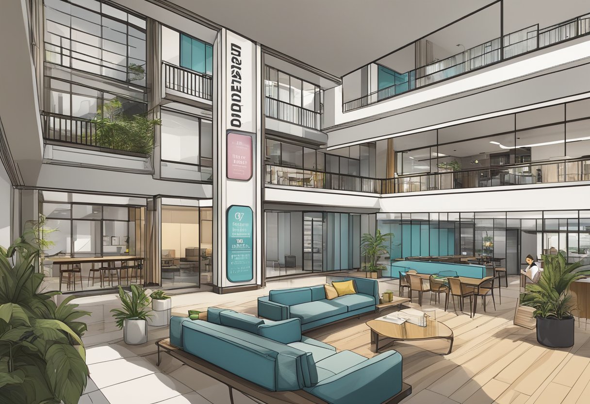 A modern loft hotel in Bedok, Singapore with a sign displaying "Frequently Asked Questions" in bold lettering