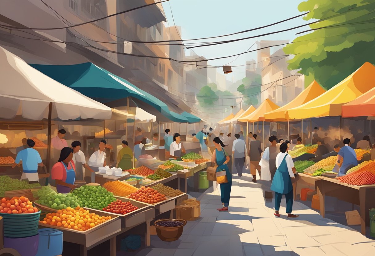 A bustling outdoor market with vendors selling colorful fruits, aromatic spices, and sizzling street food. The air is filled with the sound of sizzling woks and the chatter of eager customers