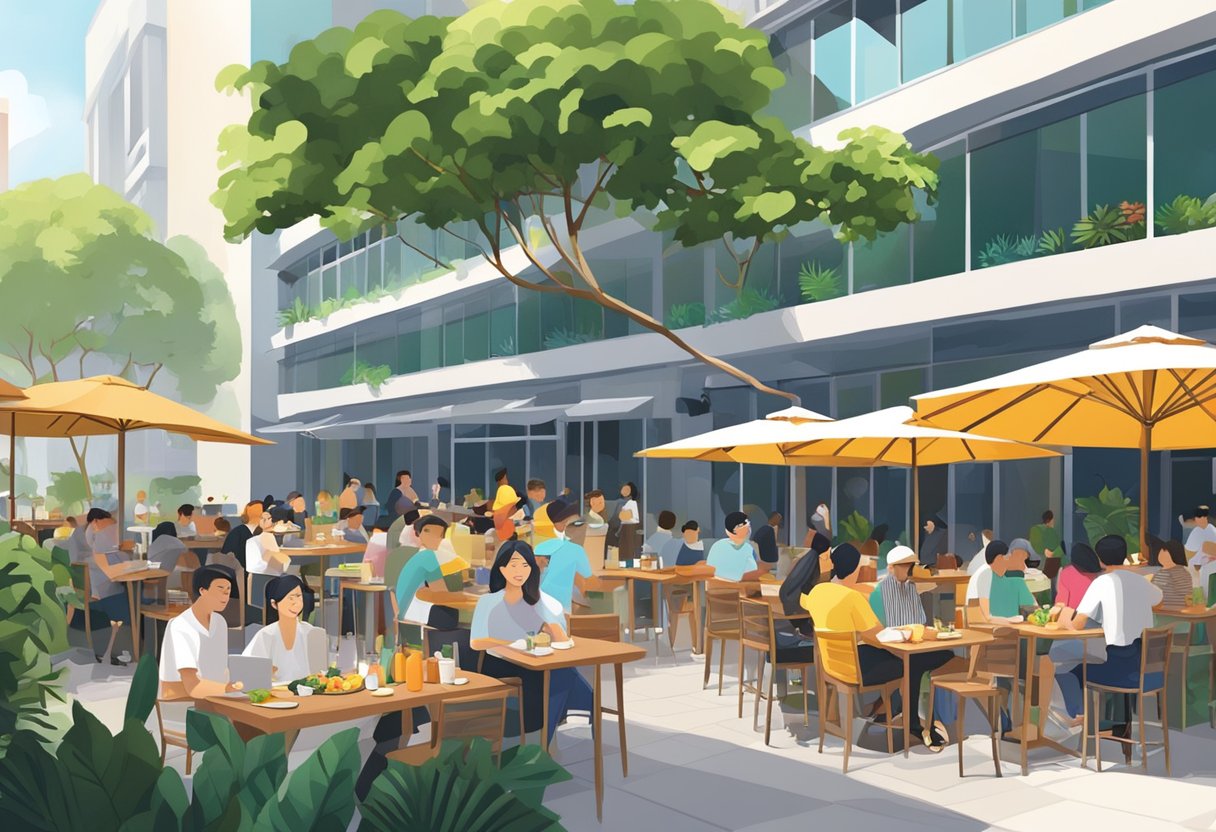 A bustling brunch cafe in Singapore, with colorful outdoor seating and lush greenery, surrounded by modern architecture and vibrant street life