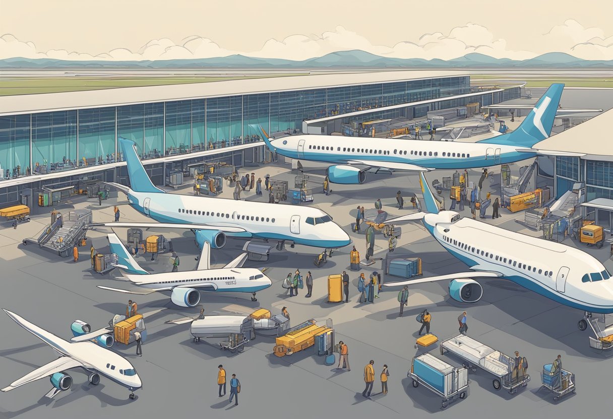 A bustling airport terminal with planes on the tarmac and passengers boarding and disembarking. Luggage carts and ground crew are visible