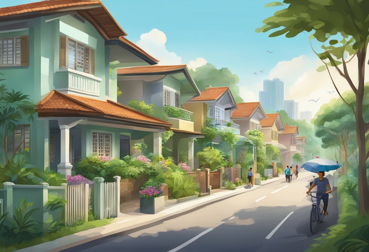 A serene neighborhood in Serangoon Garden, Singapore, with lush greenery, cozy homes, and people enjoying outdoor activities